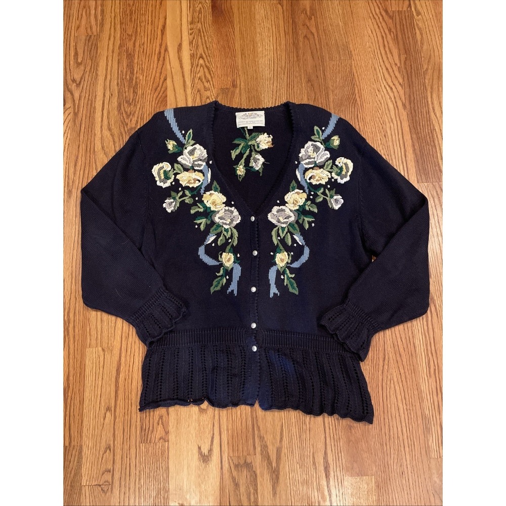 Vintage 90s Susan Bristol Women's Woven Cardigan Floral Embroidered Black Large